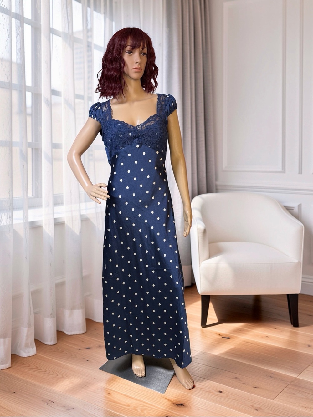 Jessica Simpson NWT Sz L Navy Satin Like Polka Dot Lace-Trim Chemise Dress 0870